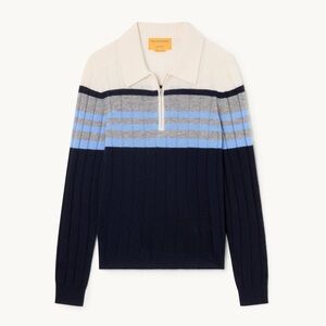 Guest in Residence Medium Track Cashmere Polo Sweater Midnight Combo Blue Stripe